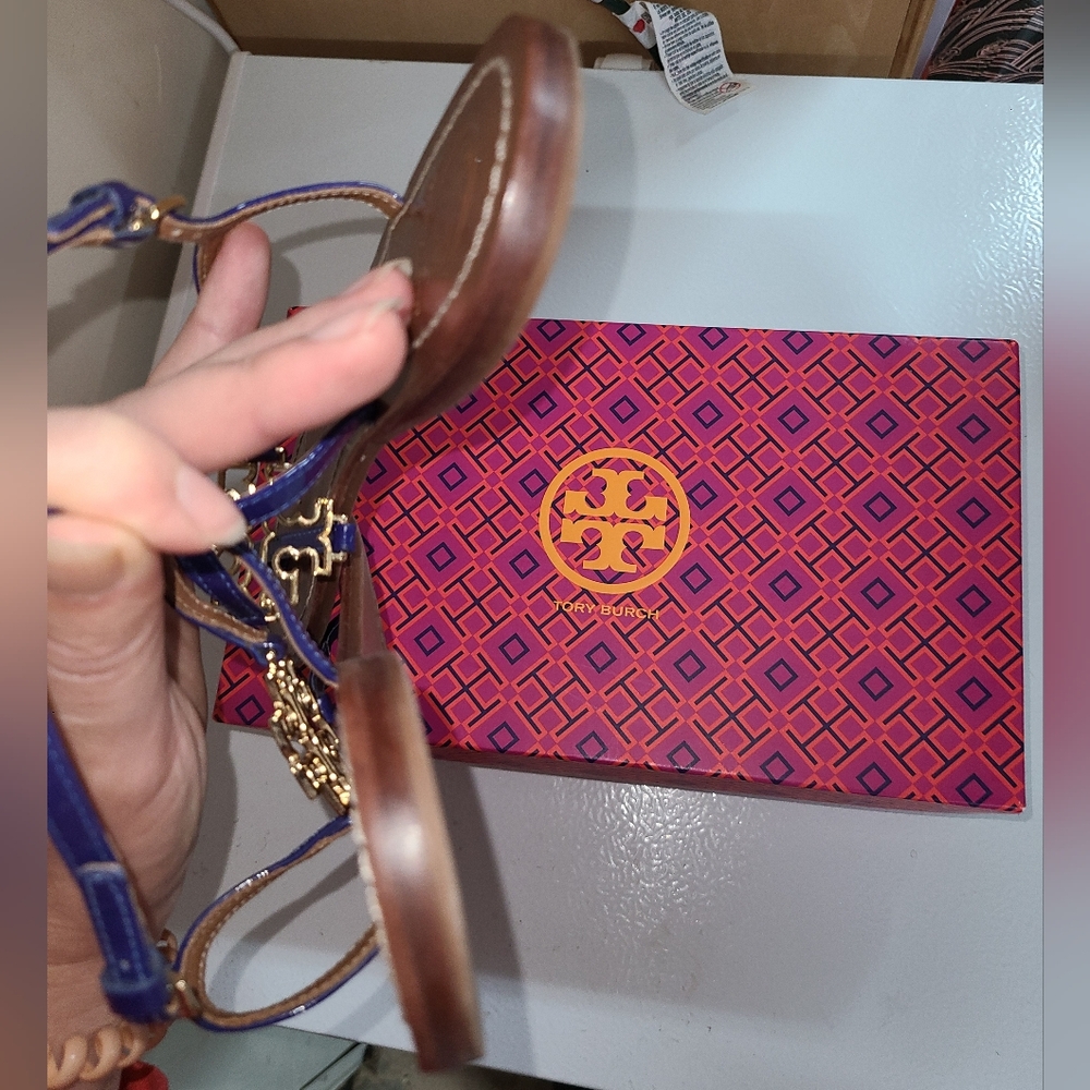 Tory Burch Designer Melinda Blue T Strap Sandals Slingback Flat 8.5 - Picture 5 of 11